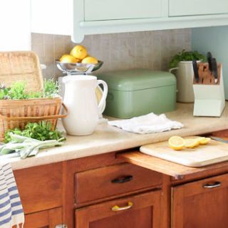 Countertop, Furniture, Room, Kitchen, Property, Cabinetry, Table, Yellow, Shelf, Interior design, 